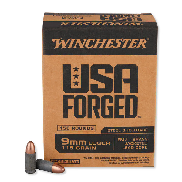 Winchester USA Forged Ammo, 9mm Luger Steel Case FMJ 115gr Projectile 1190 fps 150rds