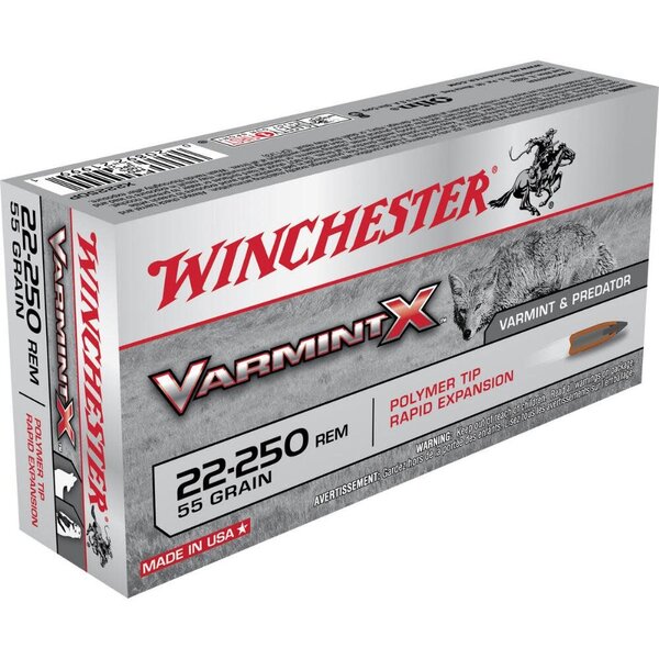 Winchester Varmint-X Ammo, 22-250 55gr Polymer Tip 20rds