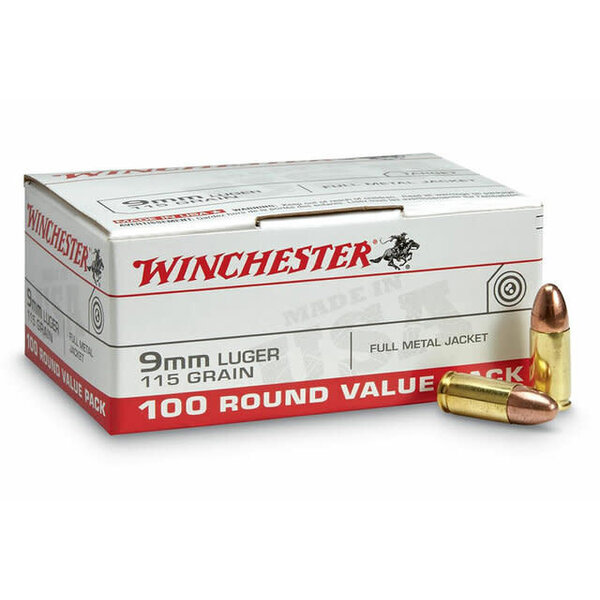 Winchester USA 9mm 115 Gr FMJ 100 Round Value Pack