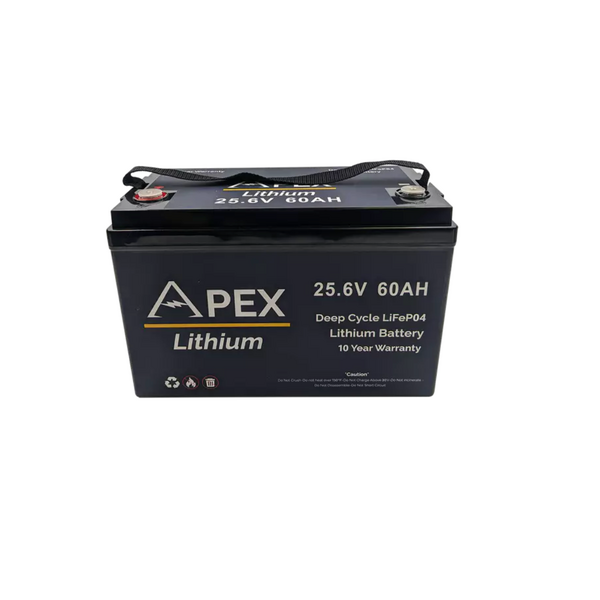 Apex Lithium Apex Lithium 24V 60AH Lithium Battery Apex Lithium Battery- Group 31 Upgrade your battery game with the Apex Lithium 24V 60AH, equipped with a Premium Upgraded Battery Management System (BMS). With a lightweight design, twice the power, and four times the