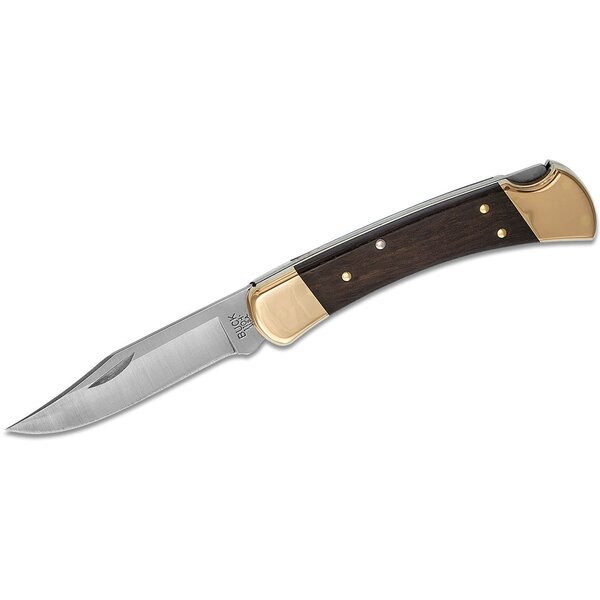 Buck 110  Folding Hunter 3-3/8" Blade, Ebony Wood Handles, Lockback, Leather Sheath