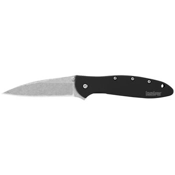 Kershaw Kershaw 1660SWBLK Ken Onion Leek Assisted Flipper Knife 3" Stonewashed Plain Blade, Black Aluminum Handles, Liner Lock