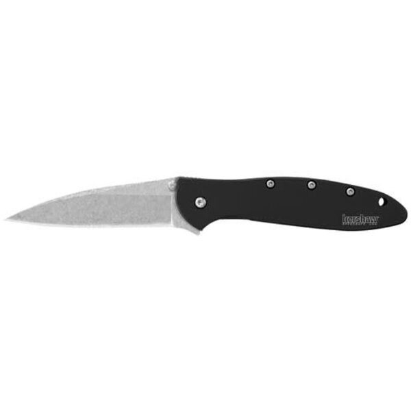 Kershaw Kershaw 1660SWBLK Ken Onion Leek Assisted Flipper Knife 3" Stonewashed Plain Blade, Black Aluminum Handles, Liner Lock