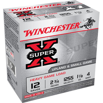 Winchester Winchester W12H4 Super X Shotshell 12 GA, 2-3/4 in, No. 4, 1-1/8 oz, 1255 fps, 25 Rnd per Box