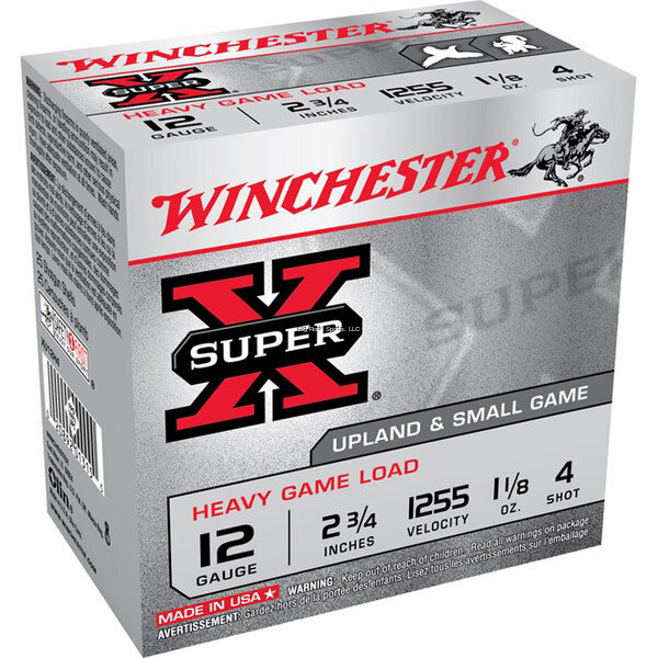 Winchester Winchester W12H4 Super X Shotshell 12 GA, 2-3/4 in, No. 4, 1-1/8 oz, 1255 fps, 25 Rnd per Box
