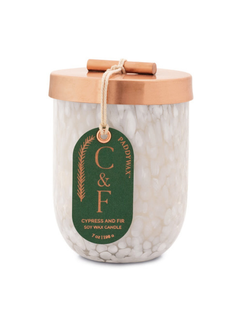 Paddywax Holiday Cypress Fir Candle 7oz White Cheena Glass Copper Lid