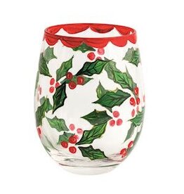 Mud Pie Mud Pie Holiday Painted Wine Glass Holly