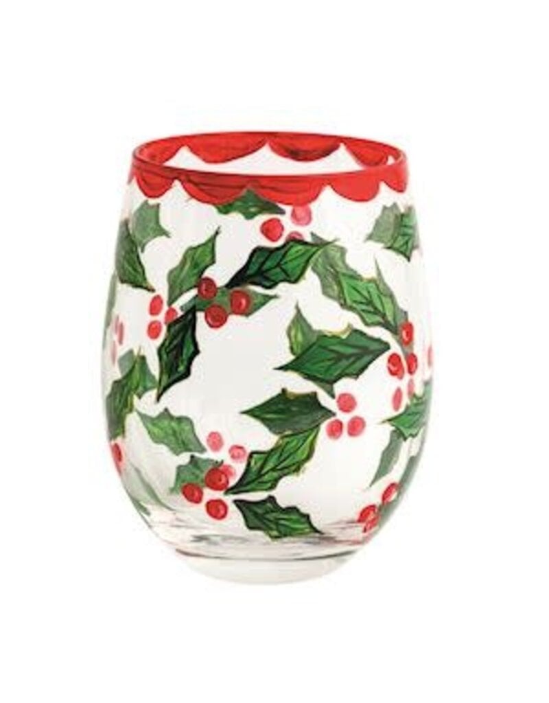 Mud Pie Mud Pie Holiday Painted Wine Glass Holly