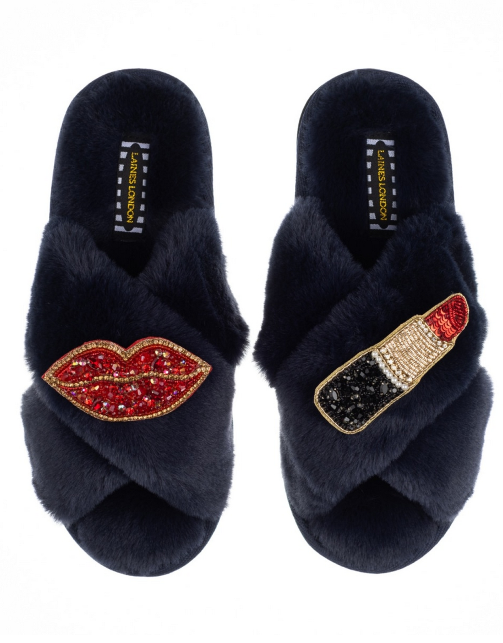 Classic Laines Slippers With Red & Silver Pucker Up Brooches - Black, LAINES LONDON