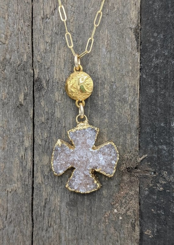 Waterlily Jewelry Gold Fill Druzy Cross/Moon & Star