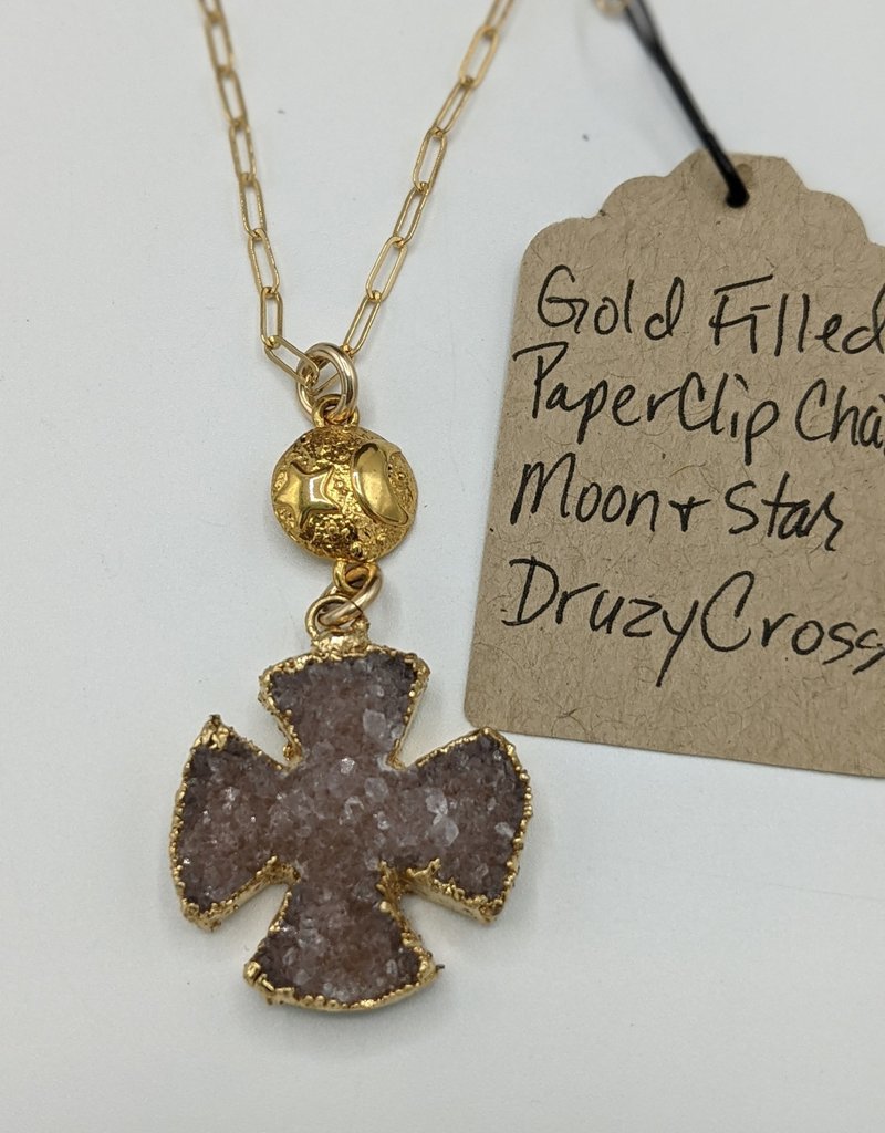 Waterlily Jewelry Gold Fill Druzy Cross/Moon & Star