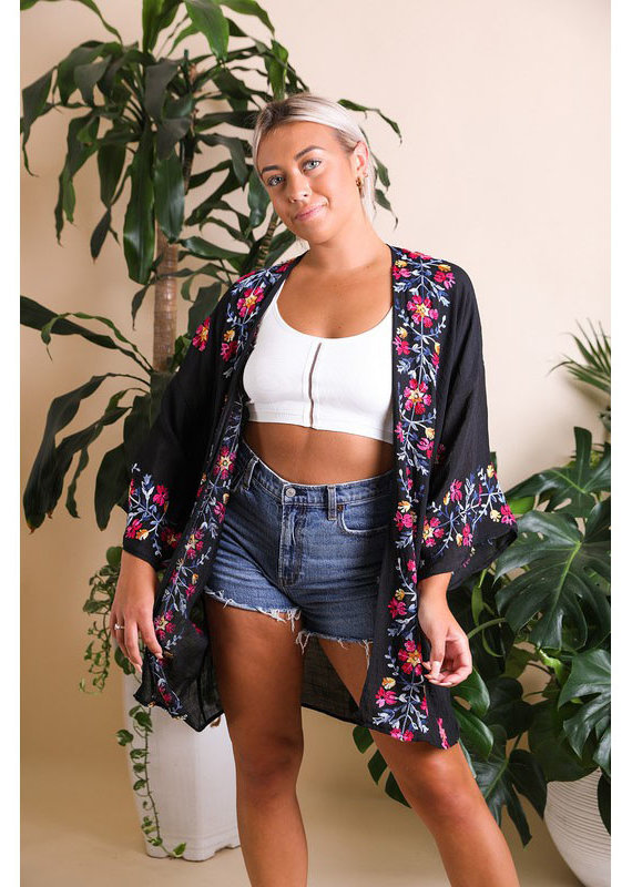 Leto Accessories Colorful Floral Embroidered Kimono
