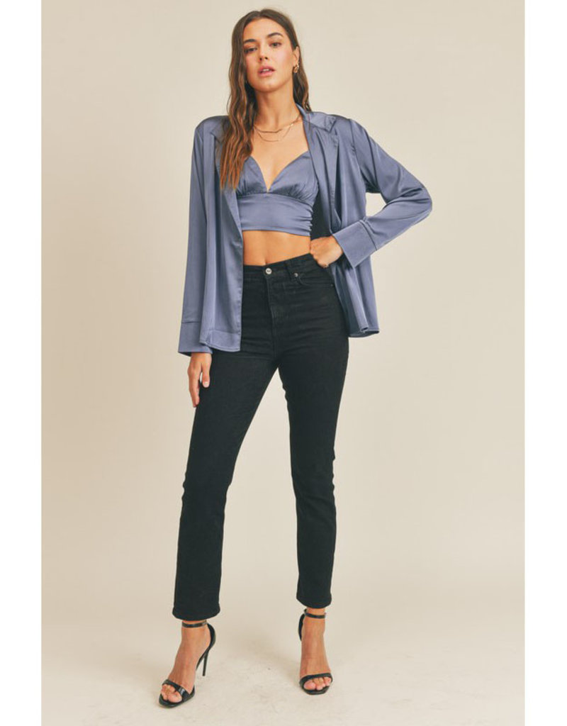 Mable Satin One Button Shirt & Bralette Set