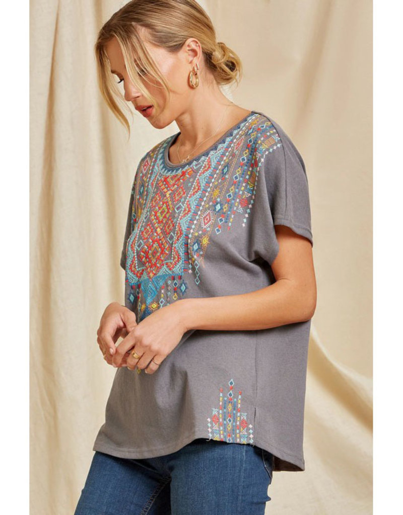 Andree Geo Embroidered Short Sleeve Top