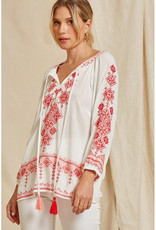 Andree Ivory & Red Embroidered Top