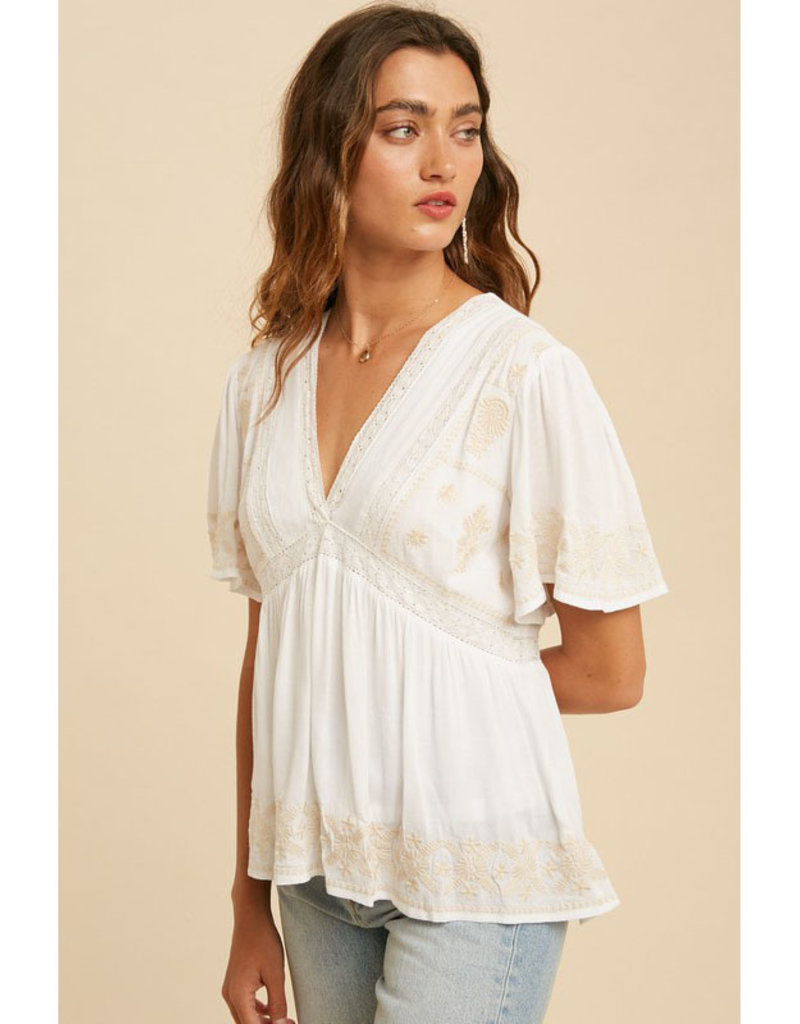 In Loom Floral Embroidered Babydoll Top
