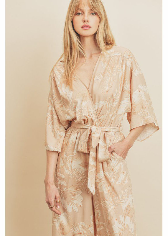 Dress Forum Palm Print Kimono Sleeve Jumpsuit