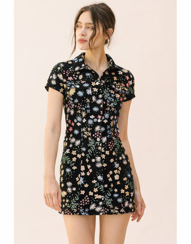 Embroidered Floral Button Mini Dress 