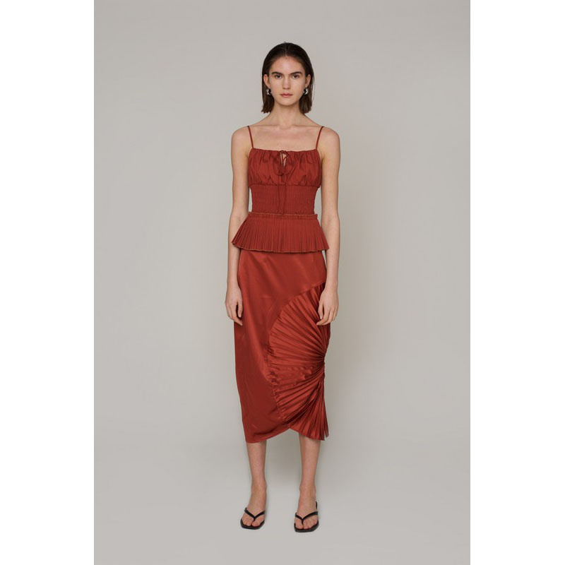 Olympe pink pleated tiered midi dress