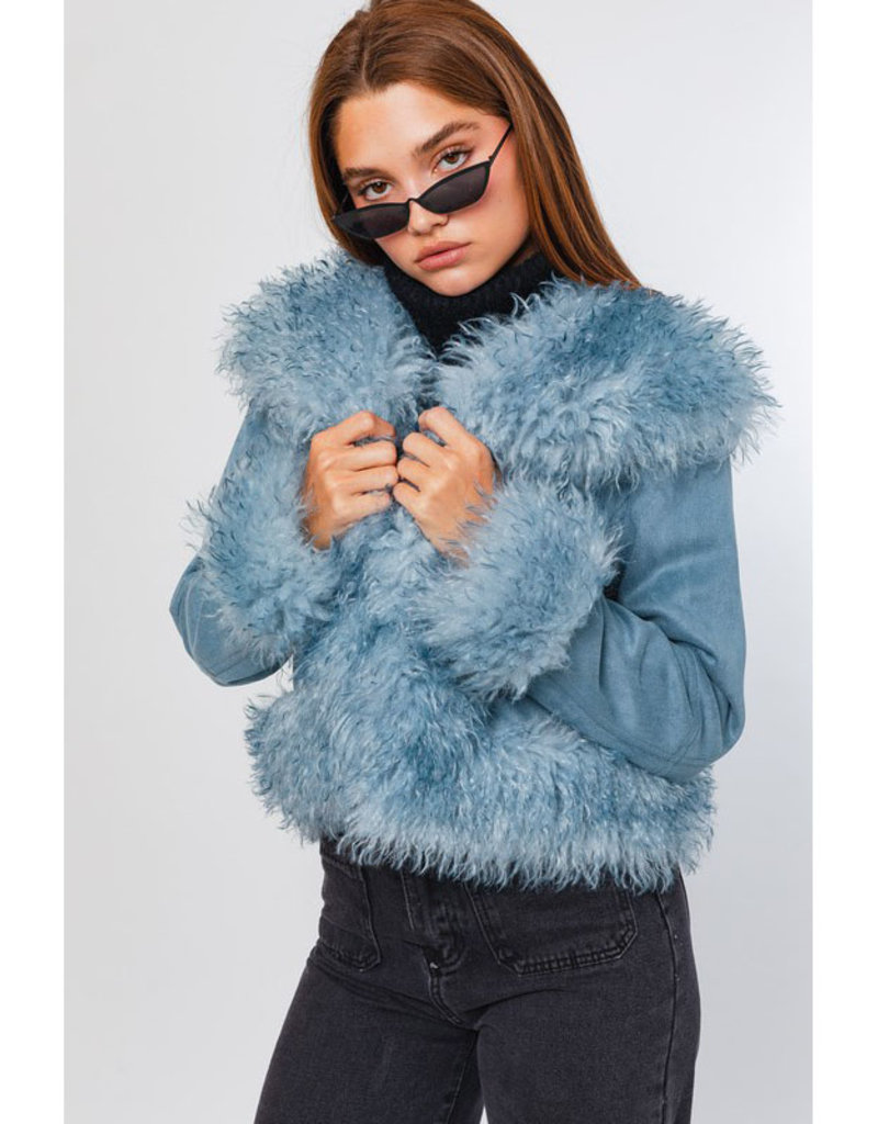 Le Lis Dusty Blue Faux Fur Jacket