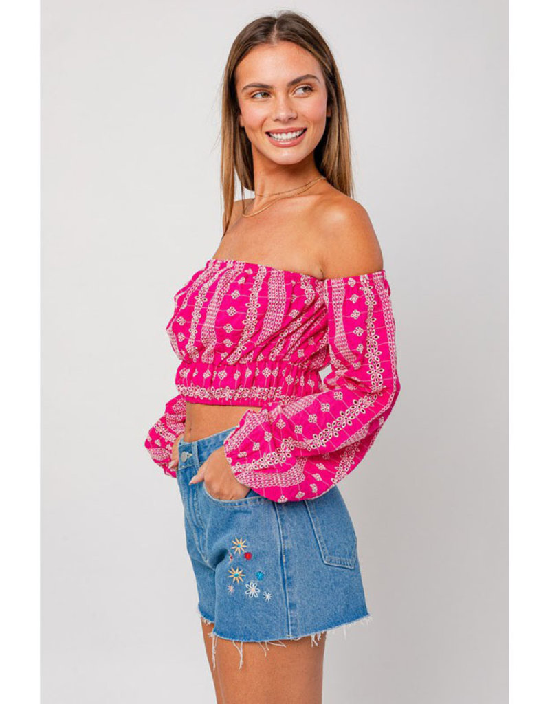 Le Lis Fuchsia Embroidered Off Shoulder Top