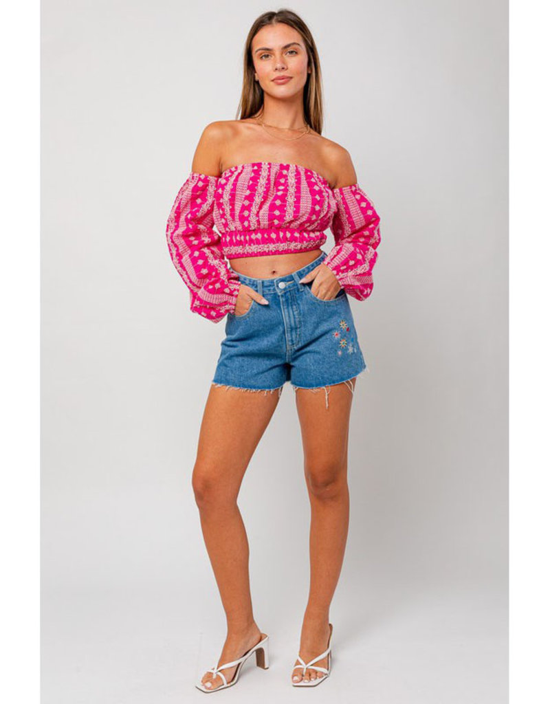 Fuchsia Tropical Cold Shoulder Bardot Top