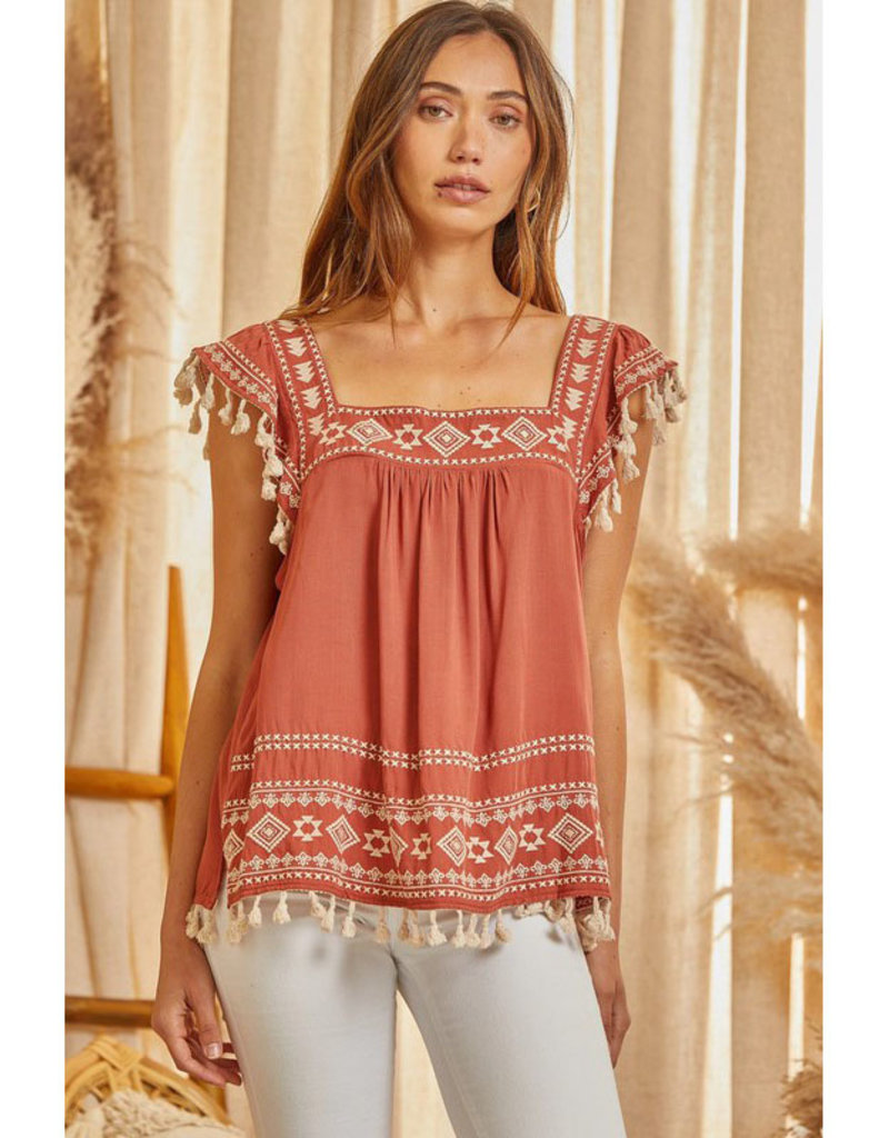 Andree Rust Embroidered Tassel Detail Top