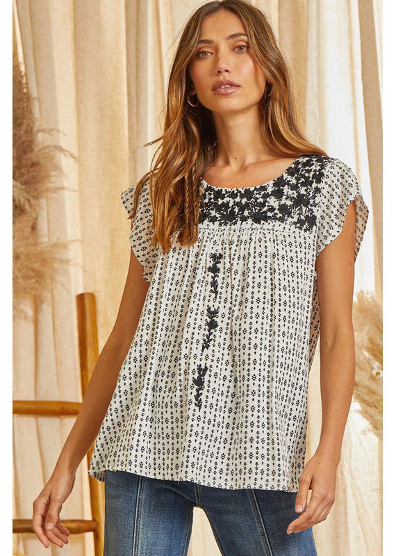 Andree Black and White Printed Embroidery Top