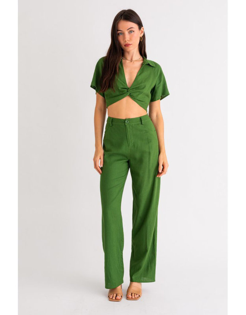 Le Lis Green Cropped Twisted Linen Top