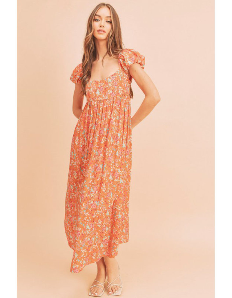 AEMI+CO Coral Floral Puff Sleeve Dress