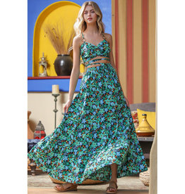 AAKAA Green Floral Tank & Tiered Maxi Skirt Set