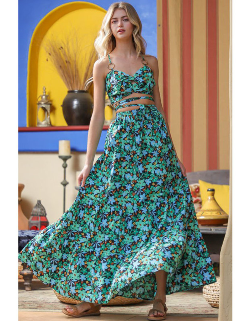 AAKAA Green Floral Tank & Tiered Maxi Skirt Set