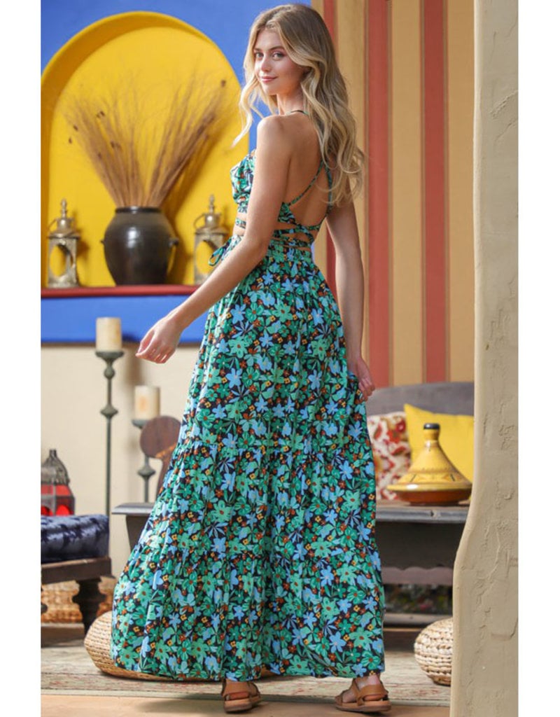 Green Floral Tank & Tiered Maxi Skirt Set - Firefly