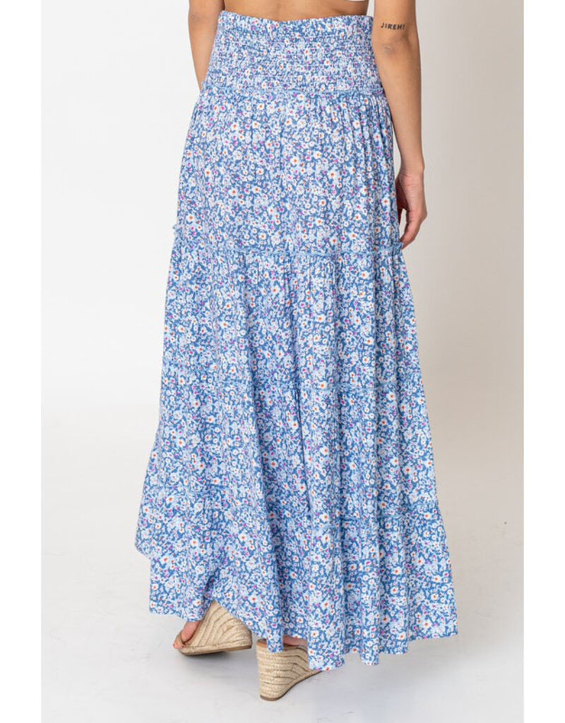 En Creme Blue Floral Smocked Maxi Skirt