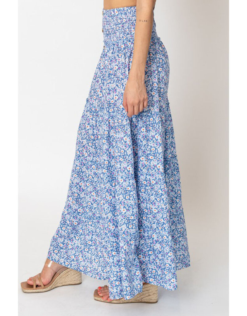 En Creme Blue Floral Smocked Maxi Skirt