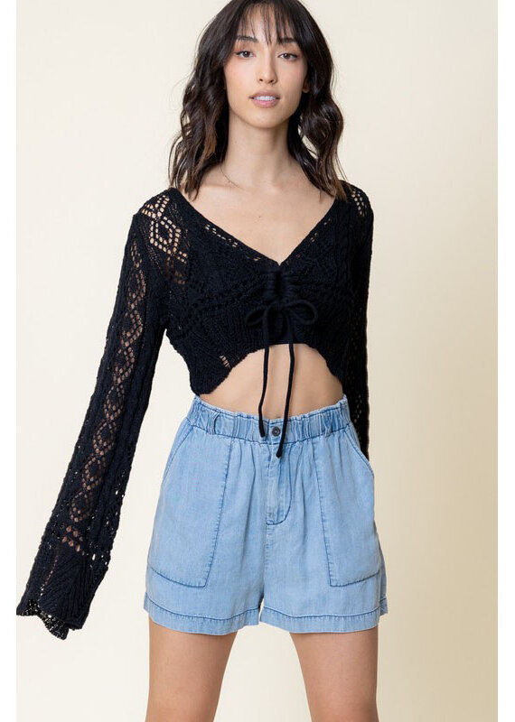 En Creme Black Crochet Long Sleeve Crop Top