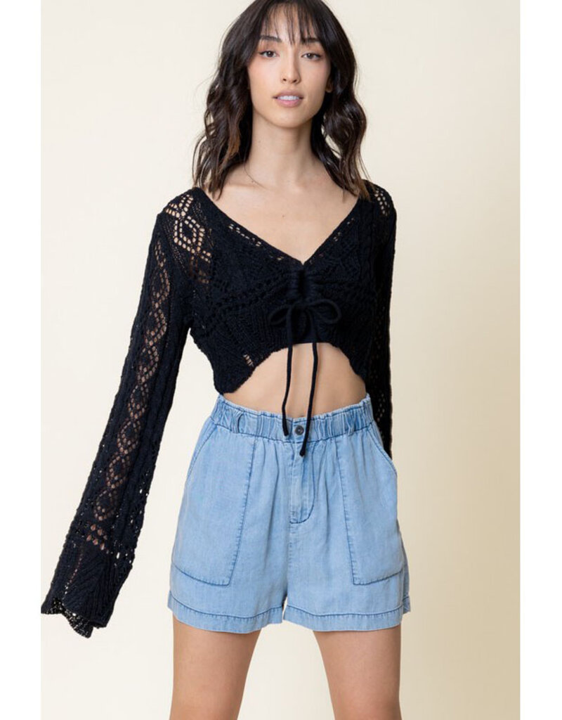 Black Crochet Long Sleeve Crop Top