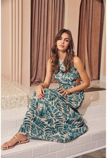 Miou Muse Teal Leaf Printed Cut Out Dress