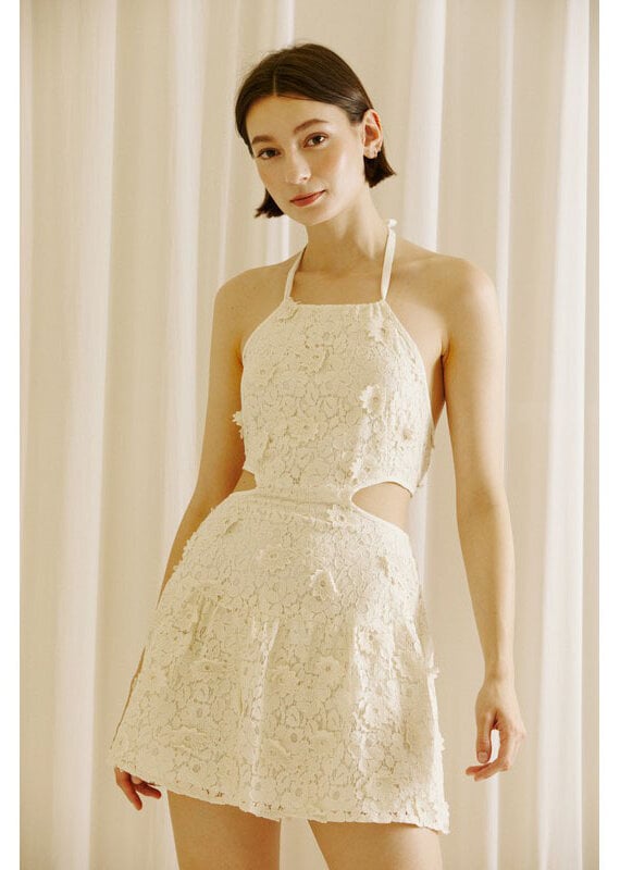 Storia Cream Floral Lace Halter Cut Out Detailed Mini Dress
