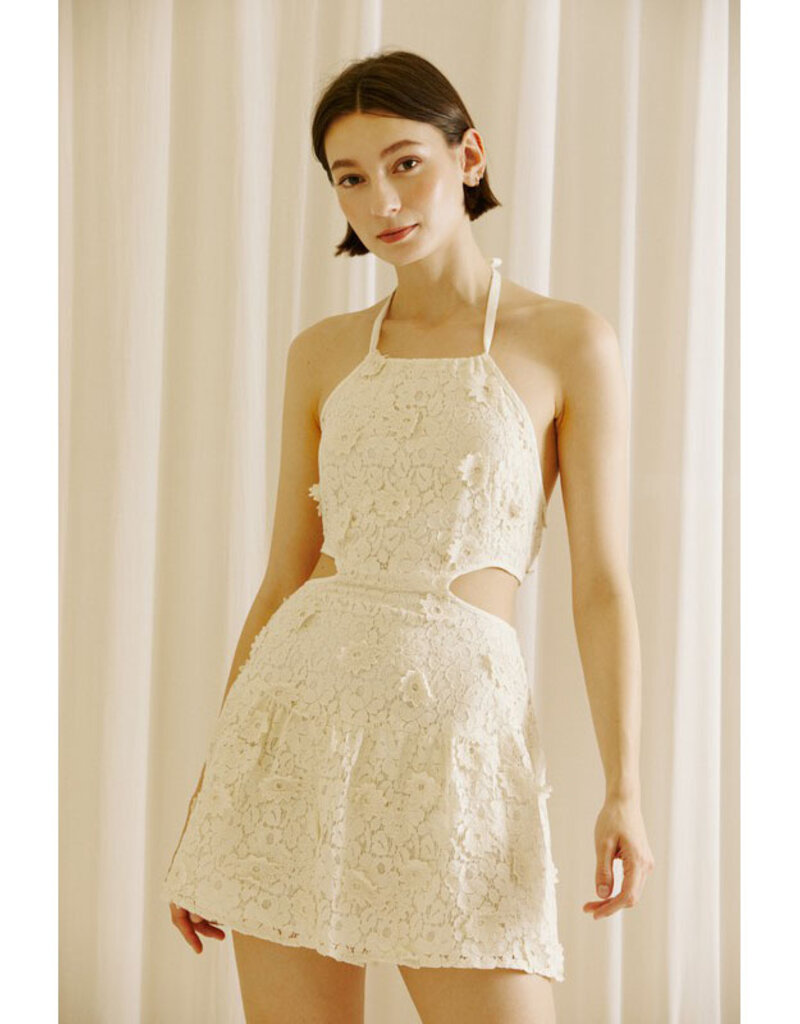 Storia Cream Floral Lace Halter Cut Out Detailed Mini Dress