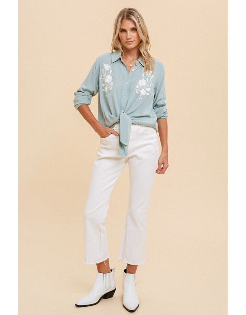 Hem & Thread Mint Embroidered Front Tie Button Up