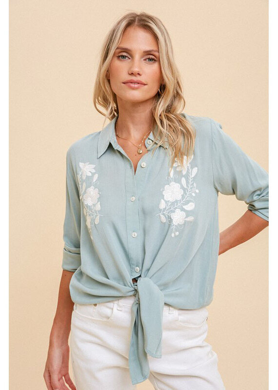 Hem & Thread Mint Embroidered Front Tie Button Up