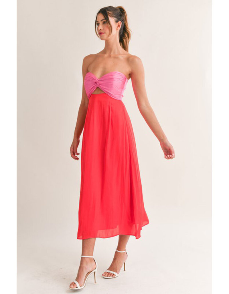 Twisted Front Satin Color Block Midi Dress - Fuchsia/Orange - LUXXE