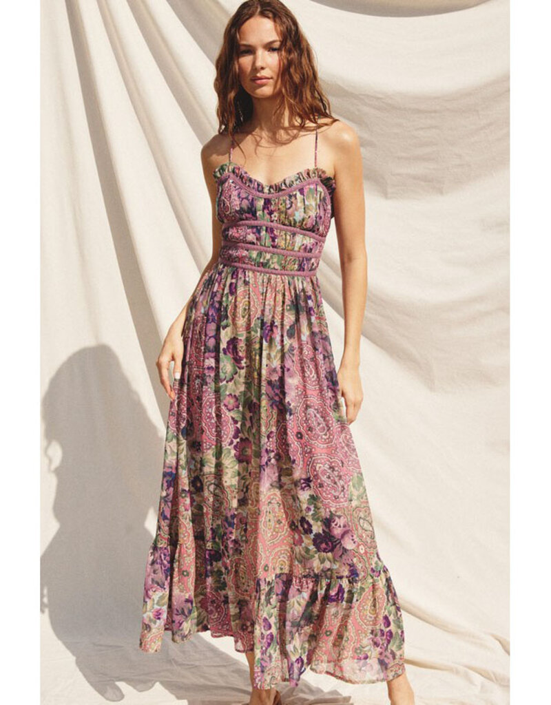 Dress Forum Plum Floral Lace Trim Midi Dress