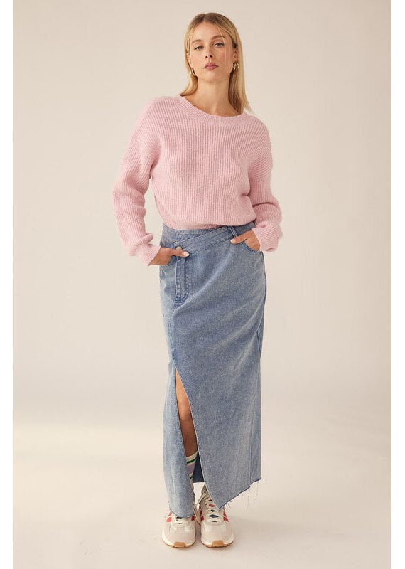 idem ditto Denim Washed Front Side Split Midi Skirt