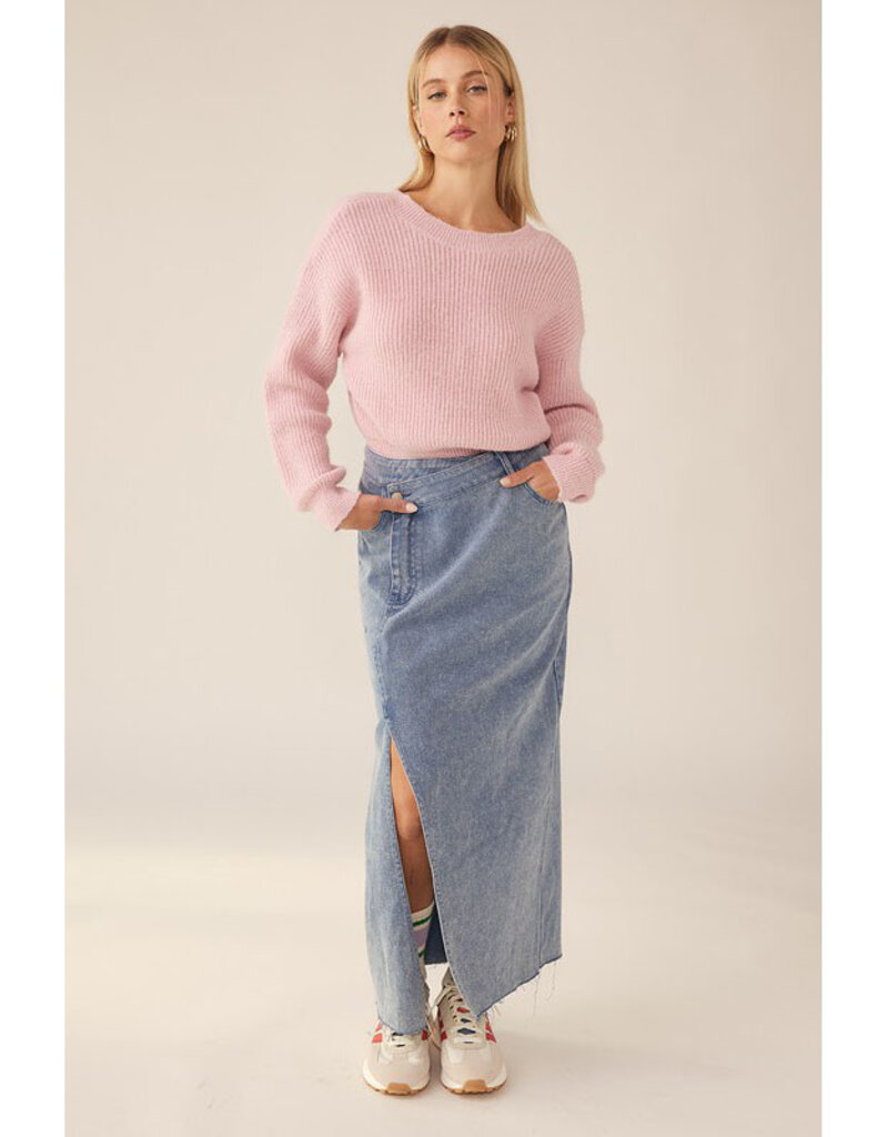 idem ditto Denim Washed Front Side Split Midi Skirt