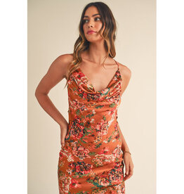 Mable Rust Satin Floral Cowl Neck Midi Dress