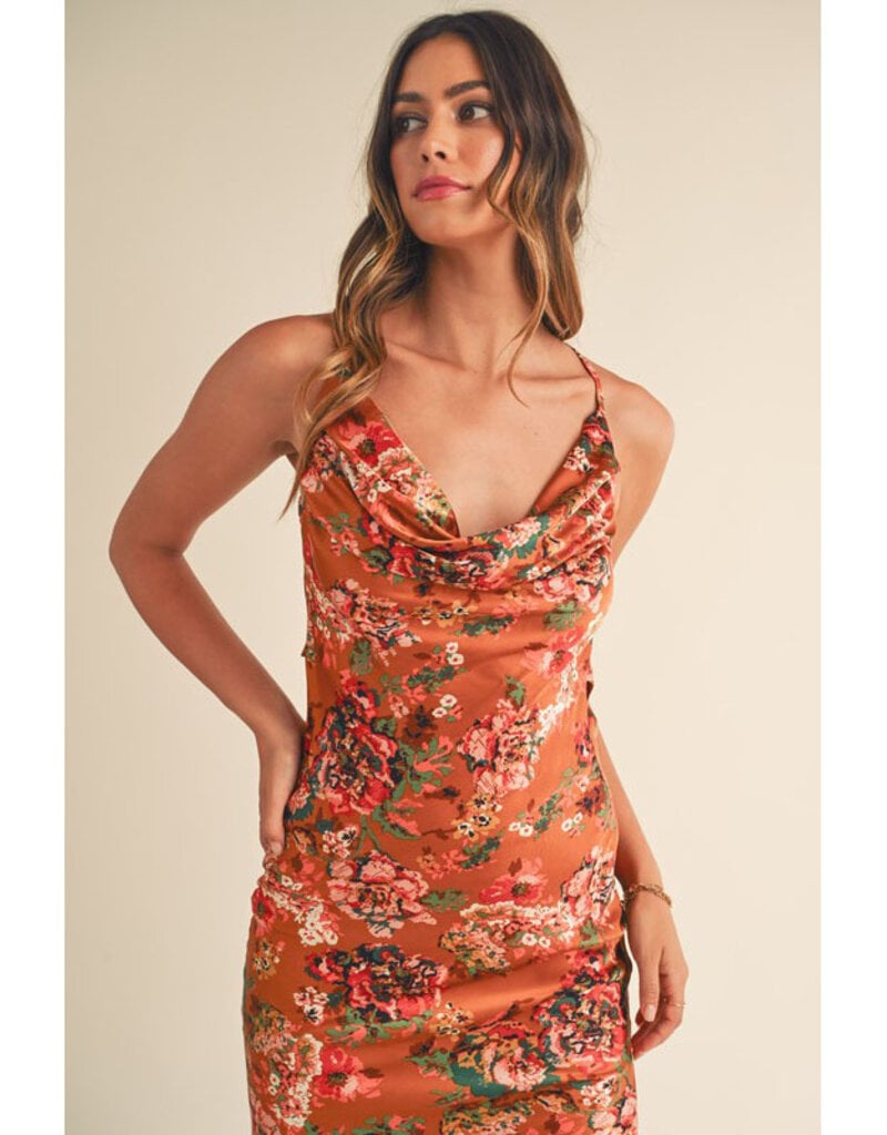 Rust Floral Print Button Satin Midi Slip Dress