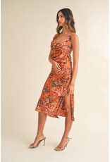 Mable Rust Satin Floral Cowl Neck Midi Dress