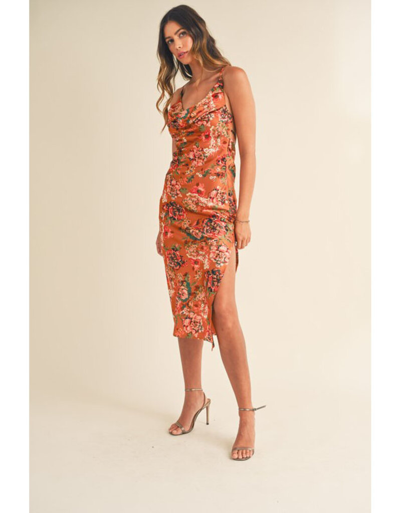 Mable Rust Satin Floral Cowl Neck Midi Dress